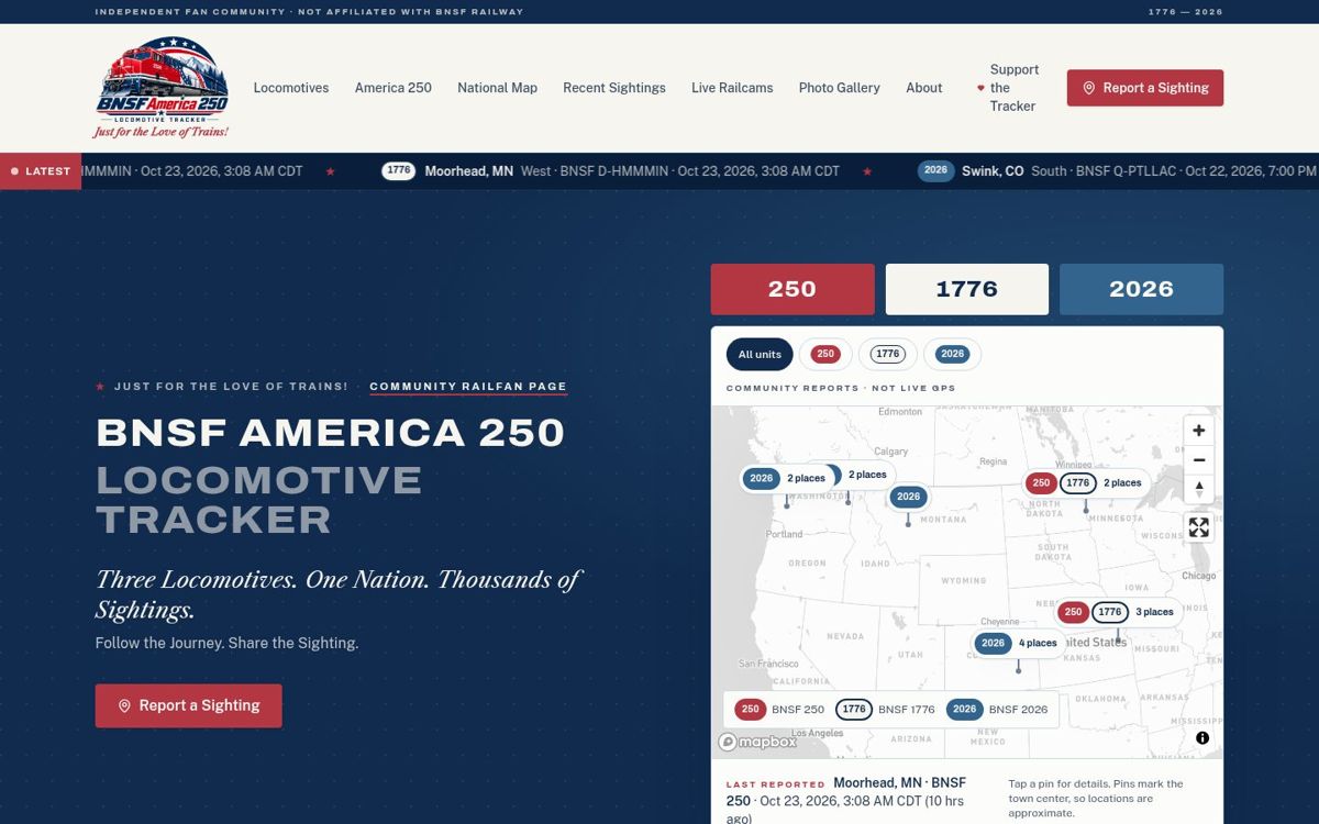 Screenshot of the BNSF America 250 Tracker website